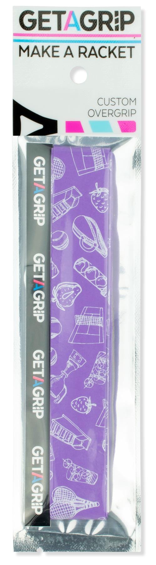 Get A Grip Badminton Overgrip - Ready? Play by Get A Grip is a purple, custom overgrip featuring white sports illustrations and "MAKE A RACKET" on the packaging—an ideal gift for badminton players.