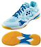 The Yonex Power Cushion Eclipsion X3 Unisex Badminton Shoes in light blue feature blue laces, white and blue patterns, yellow accents with a textured yellow sole, and display the Yonex logo plus "Power Cushion" text on the side.