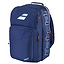 The Babolat Pure Drive Badminton Backpack - Blue features a sporty design with multiple compartments, orange zipper pulls, and prominently displays the Pure Drive logo on the side.