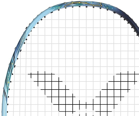 Close-up of the Victor Thruster Merak B 4U Badminton Racket (Black/Blue) by Victor, highlighting its blue frame with white strings, bold black "V" pattern, Nano Fortify SR graphite construction, and head-heavy balance for enhanced strength.