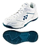 The Yonex Power Cushion 65 Junior Badminton Shoes in white feature dark teal accents, a textured sole for grip, Yonex's Power Cushion technology, and the signature logo and "ERGOSHAPE" text on the side for enhanced performance.