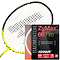 Close-up of a badminton racket with yellow accents, paired with a 10-meter packet of Ashaway Zymax 66 Fire Badminton String in white. The packaging emphasizes features such as "Ultimate Precision" and "Maintains Tension," showcasing the advanced quality of Ashaway's micro-gauge strings, proudly made in the USA.