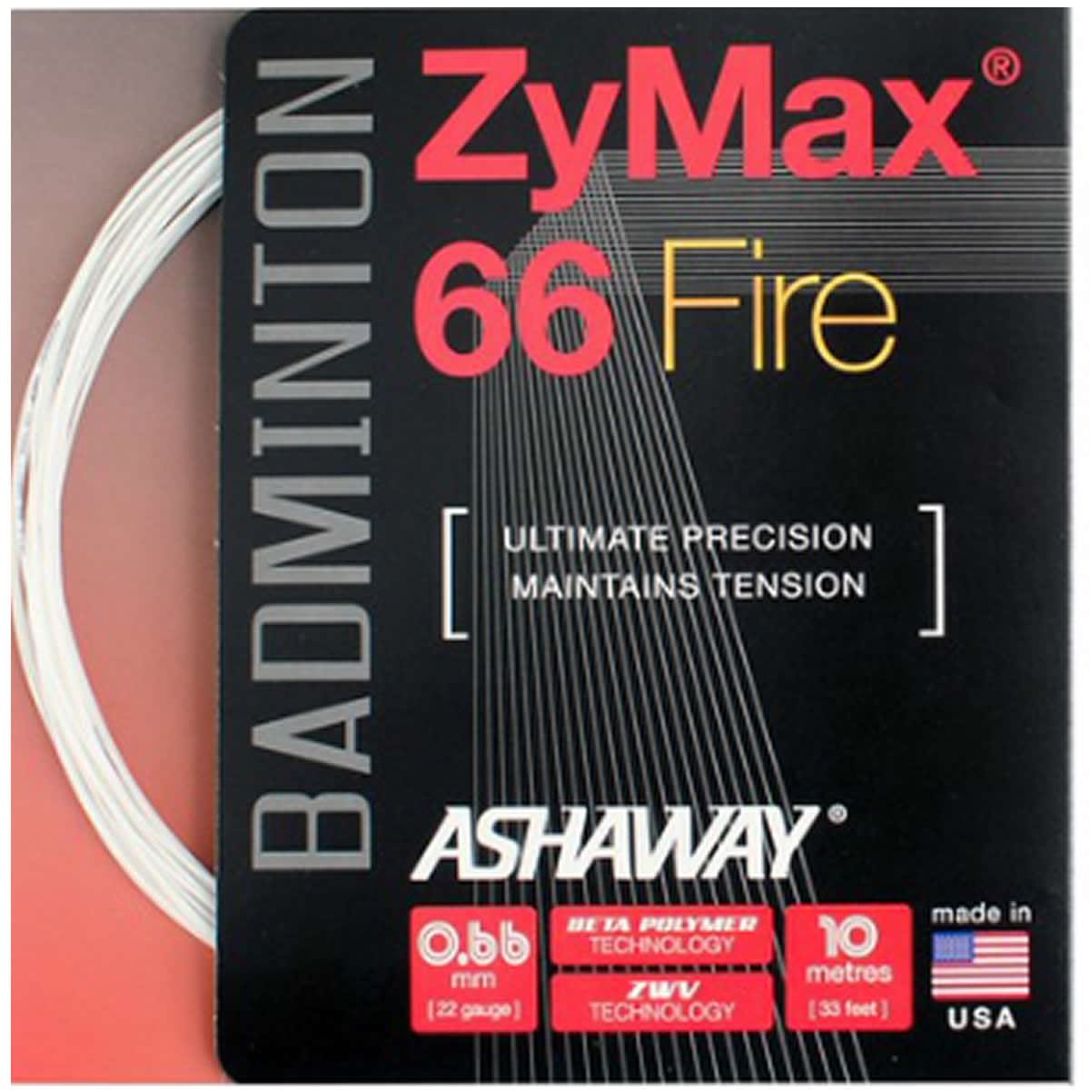 The packaging of the Ashaway Zymax 66 Fire Badminton String White, with a micro gauge of 0.66mm and available in a 10-meter packet, showcases a sleek black design with red and yellow lettering emphasizing "Ultimate Precision" and "Maintains Tension." This high-performance string is proudly made in the USA.