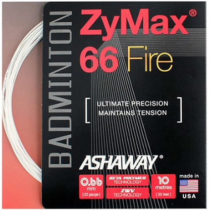 The packaging of the Ashaway Zymax 66 Fire Badminton String White, with a micro gauge of 0.66mm and available in a 10-meter packet, showcases a sleek black design with red and yellow lettering emphasizing "Ultimate Precision" and "Maintains Tension." This high-performance string is proudly made in the USA.