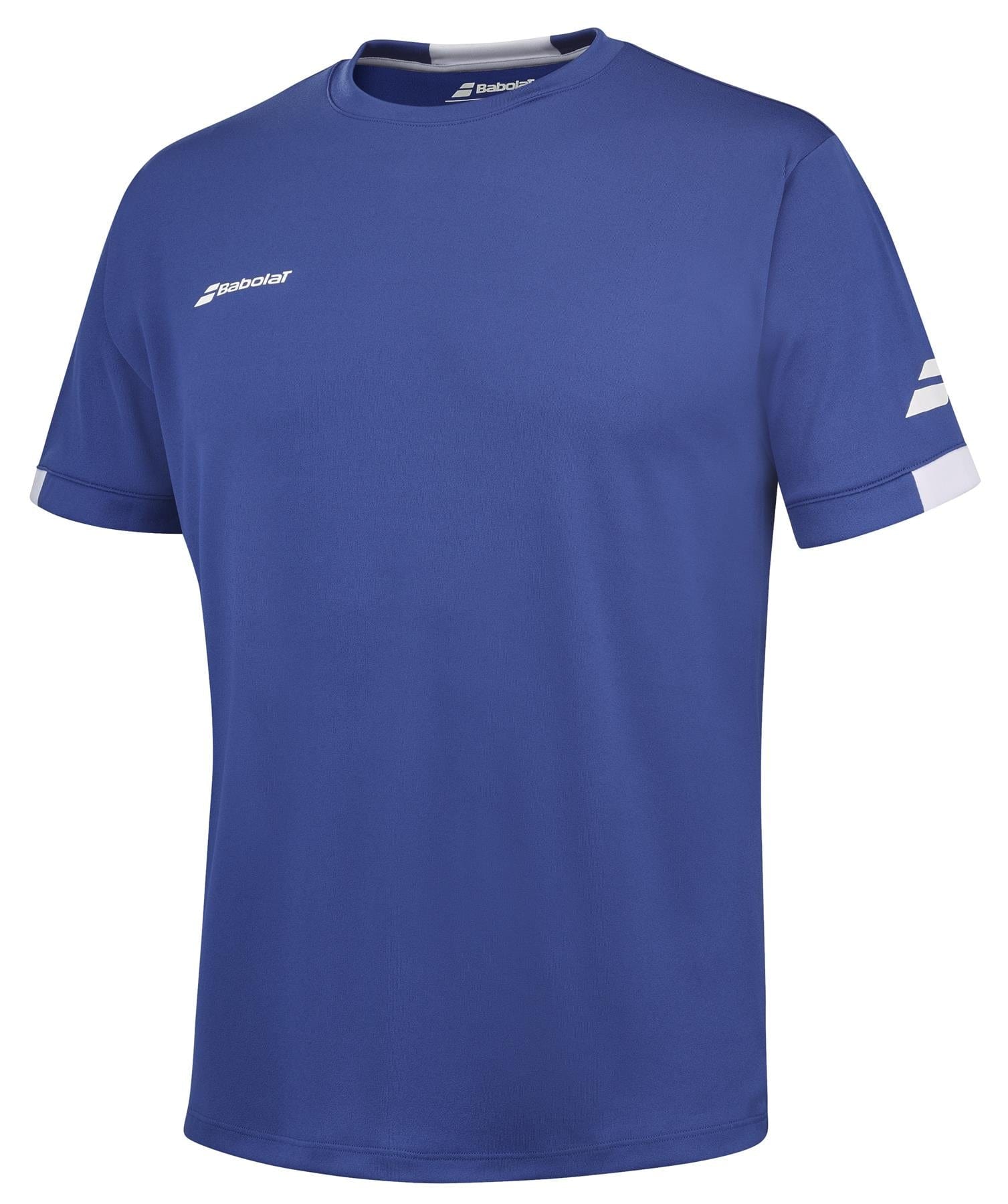The Babolat Play Men's Crew Neck Badminton T-Shirt in Sodalite Blue features short sleeves, small white Babolat logos on the chest and sleeve, a white accent on one sleeve, and is made from recycled polyester for comfort and sustainability.