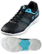 The Yonex Power Cushion Strider Flow Men's Wide Badminton Shoes in black/blue feature a mesh upper with synthetic overlays, textured rubber sole for grip, lateral shell design, lace-up closure, and the Yonex logo on the side and tongue—perfect for badminton.