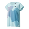The Yonex 20764 Crew Neck Women's Badminton T-Shirt in Crystal Blue showcases an abstract design of vertical lines in various shades of purple and blue, creating elegant curved patterns. Featuring Yonex VeryCool technology to maintain coolness, it also sports a small logo near the neckline.