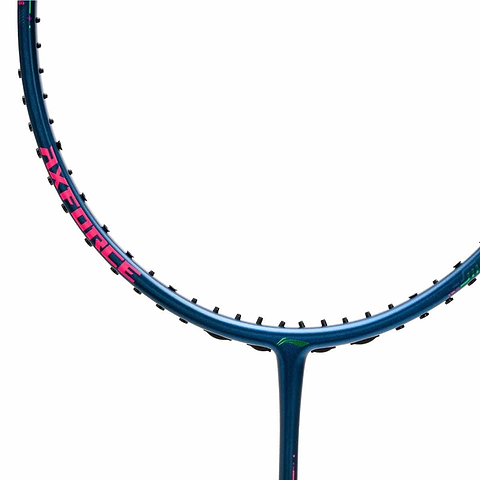 Close-up of a Li-Ning Axforce 50 4U badminton racket frame with pink "X-FORCE" text. Designed for advanced players, this Li-Ning racket boasts a sleek blue finish. The strings blend into the plain white background.