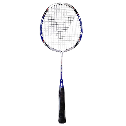 The Victor AL530 Junior Badminton Racket by Victor showcases a striking blue and white frame paired with a black grip, all complemented by a distinctive logo on the strings set against a pristine white background. This durable racket is ideal for young players sharpening their skills.