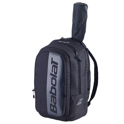 The Babolat Court Hero Badminton Backpack in black is made from recycled PET, has multiple compartments and a racquet sleeve, with the brand's name prominently displayed on the front.