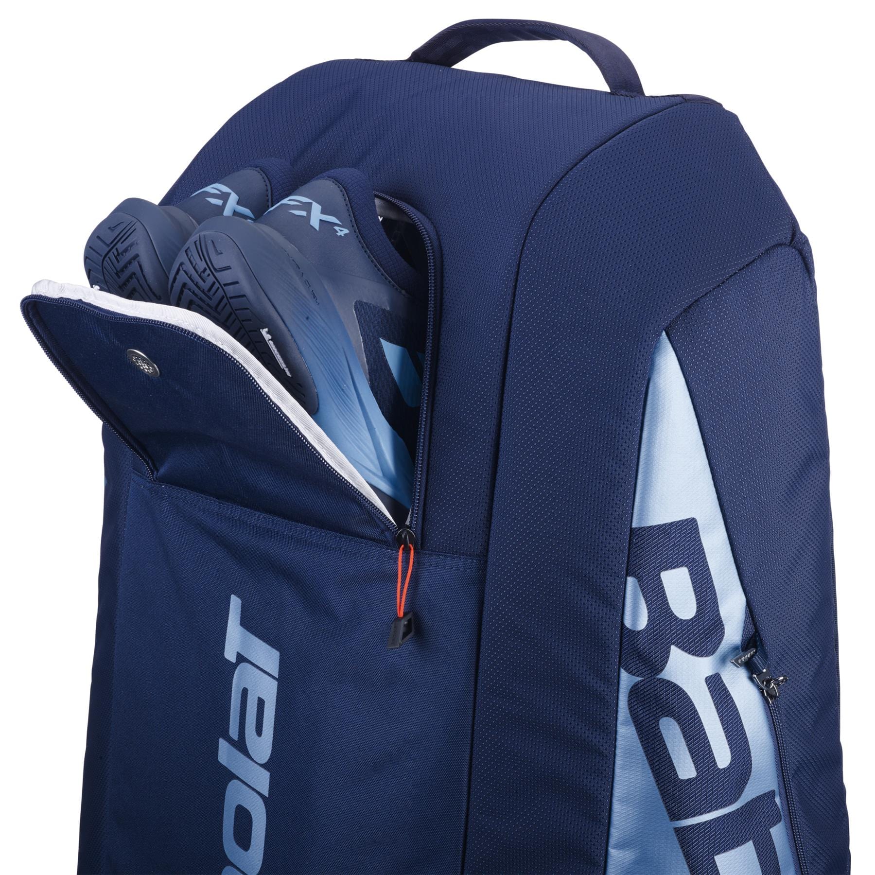 The Babolat RH12 Pure Drive Gen11 12 Racket Badminton Bag in navy blue sports a bold "Babolat" logo, with a partially open zippered compartment showcasing blue and black shoes. Designed for versatility, it has a top handle and can store badminton rackets.