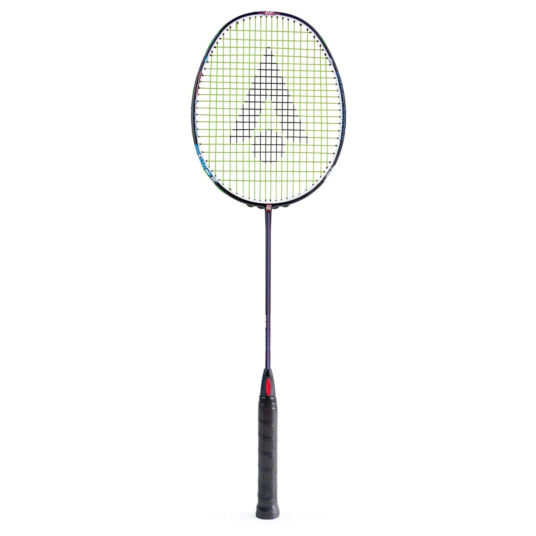 The Karakal Black Zone BZ Pro Badminton Racket in black and red, with an Isometric Head and Muscle Tec Technology, is elegantly displayed on a plain white background, showcasing the Karakal logo on its strings.