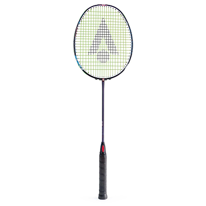 The Karakal Black Zone BZ Pro Badminton Racket in black and red, with an Isometric Head and Muscle Tec Technology, is elegantly displayed on a plain white background, showcasing the Karakal logo on its strings.