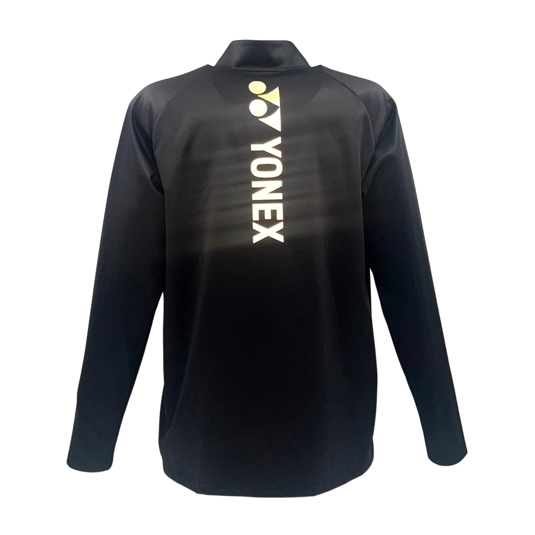 The Yonex YMDL2024 Unisex Badminton Midlayer in black is ideal for badminton players, featuring a white logo on the upper back, lightweight insulation, and a streamlined design with a stand-up collar for activewear fans.