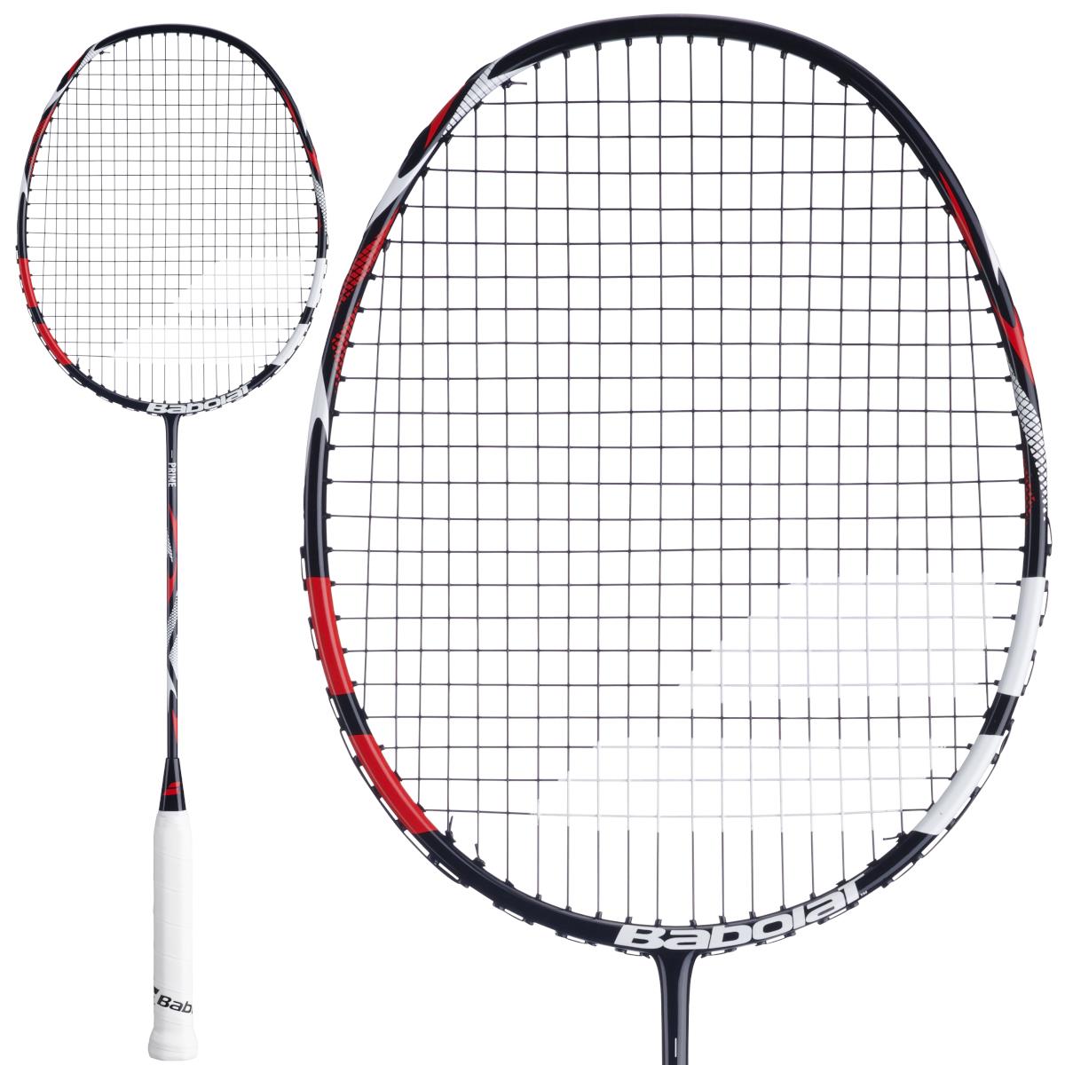 The Babolat Prime 2026 Badminton Racket in black and white is displayed from two angles—a full view and a close-up of the head—showcasing its lightweight build and prominent Babolat branding.