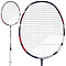 The Babolat Prime 2026 Badminton Racket in black and white is displayed from two angles—a full view and a close-up of the head—showcasing its lightweight build and prominent Babolat branding.
