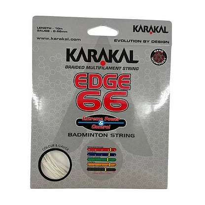 The packaging of the Karakal Edge 66 Badminton String - White prominently features details such as "Length: 10m" and "Gauge: 0.66mm," emphasizing its promise of "Extreme Power & Control," thanks to Nano Technology. Additionally, a transparent section allows you to view the vibrant string color within.
