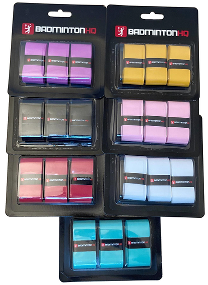 Six packs of BadmintonHQ 3 Pack Badminton Overgrips—Pink—by BadmintonHQ, each pack includes three tacky, sweat-absorbent grips. The grips are arranged neatly on a white background.