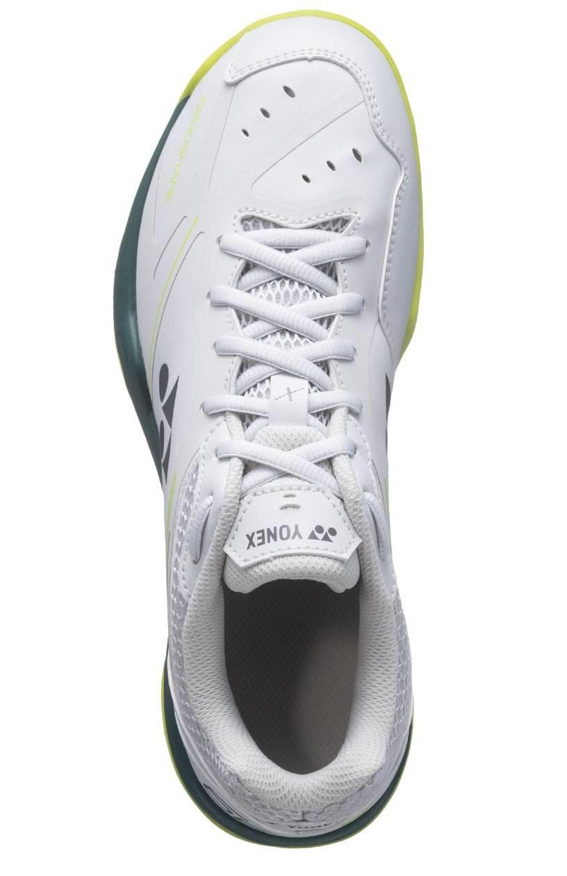 The Yonex Power Cushion 65X4 Viktor Axelsen Badminton Shoes in White/Lime feature a top-down view with green and black accents, showcasing laces, logo, part of the sole, and special Viktor Axelsen signature details.