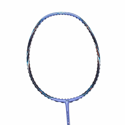 The Li-Ning BladeX 900 Moon Max 4U badminton racket, from the renowned brand Li-Ning, showcases a blue frame adorned with an eye-catching black and red design. Despite the absence of visible strings, its head and section of the shaft contrast vividly against the white background. Featuring a Shock Absorbing System, this racket guarantees exceptional performance.