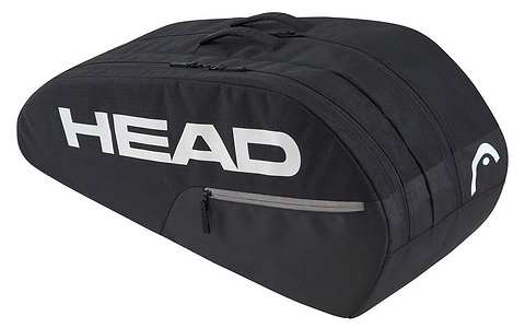 The HEAD BASE 6 Racket Badminton Bag M - BK is sleek and professional, featuring bold white branding. Ideal for intermediate players, it offers ample space with multiple compartments and a side horizontal zipper, perfect for storing tennis or badminton gear.