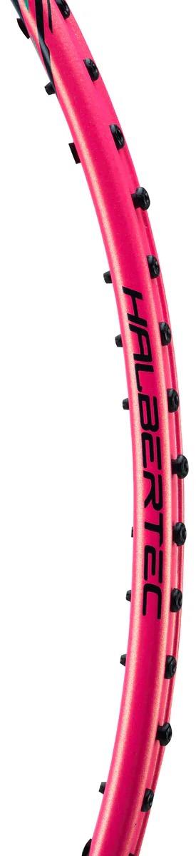 Close-up side view of the Li-Ning Halbertec Motor Pro 5U Badminton Racket - Black / Pink by Li-Ning, showing black grommets and "HALBERTEC" on the shaft, crafted for precision and accuracy.