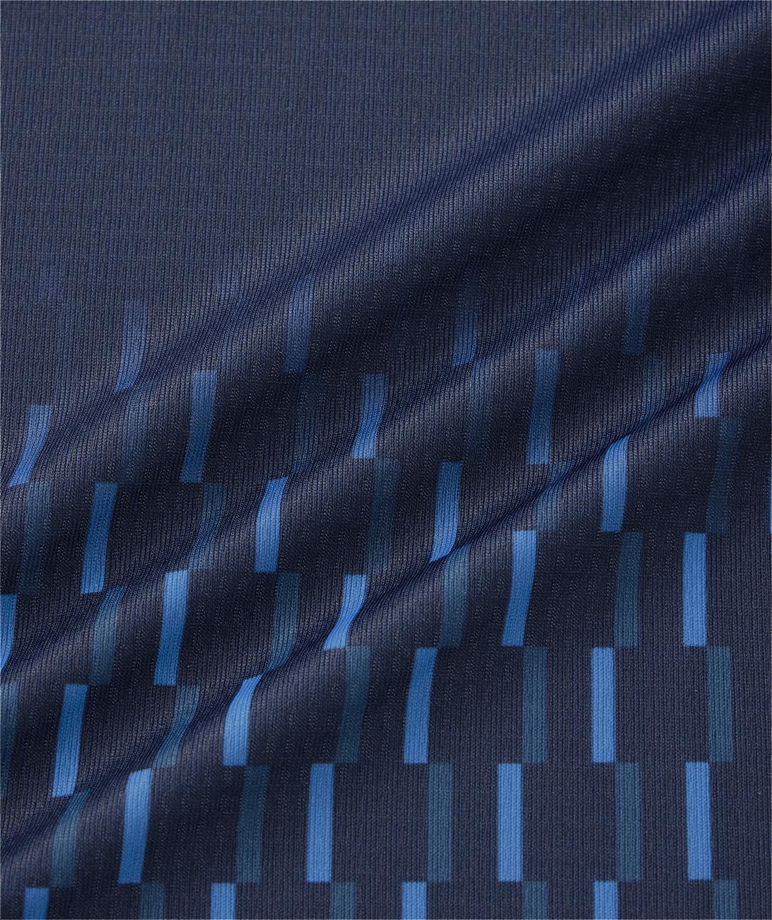 The Yonex 10713EX Crew Neck Men's Badminton T-Shirt in dark navy features subtle diagonal folds and vertical blue rectangles in varying shades, offering a modern geometric look with advanced moisture management sportswear.
