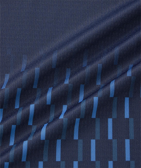 The Yonex 10713EX Crew Neck Men's Badminton T-Shirt in dark navy features subtle diagonal folds and vertical blue rectangles in varying shades, offering a modern geometric look with advanced moisture management sportswear.