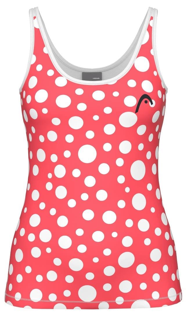 The HEAD Spirit II Women's Badminton Tank Top - GIXR features a vibrant red design with large white polka dots, sleek white trim, and cooling technology. A small black abstract design near the left shoulder adds style and comfort on the court.