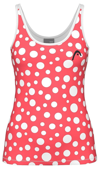 The HEAD Spirit II Women's Badminton Tank Top - GIXR features a vibrant red design with large white polka dots, sleek white trim, and cooling technology. A small black abstract design near the left shoulder adds style and comfort on the court.