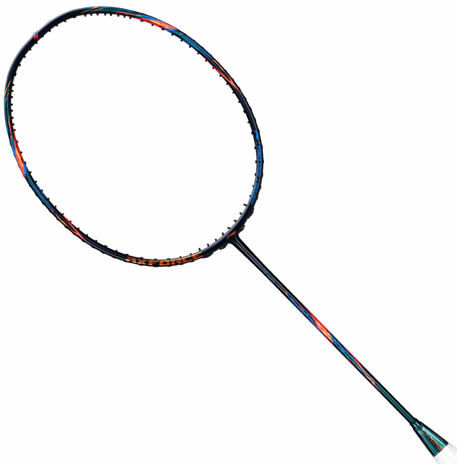 The Li-Ning Axforce 90 5U Badminton Racket features a black carbon fibre frame with blue, red, and orange accents for enhanced aerodynamics, displayed on a white background.