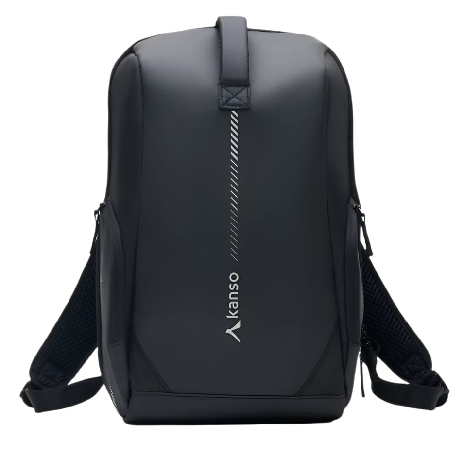 The Kanso Intuko Badminton 23L Backpack combines style and function with its sleek black design, vertical "Atanso" print, padded shoulder straps, and minimalist aesthetic—perfect for everyday adventures against any backdrop.