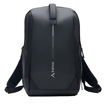 The Kanso Intuko Badminton 23L Backpack combines style and function with its sleek black design, vertical "Atanso" print, padded shoulder straps, and minimalist aesthetic—perfect for everyday adventures against any backdrop.