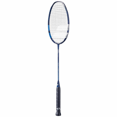 The Babolat Satelite Origin Badminton Racket - Blue, crafted by Babolat, sports a striking blue frame complemented by a sleek black grip. With strings taut across its oval head and a slender shaft, this racket is designed for effortless handling and precision. Its elegant design contrasts beautifully against the white background.