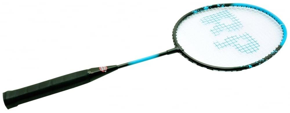 Introducing the Sure Shot Tink 23 Inch Badminton Racket, ideal for young players with its lightweight aluminum head, black handle, blue shaft, and white net. The frame is black with blue accents, and its unique center string pattern completes the design.