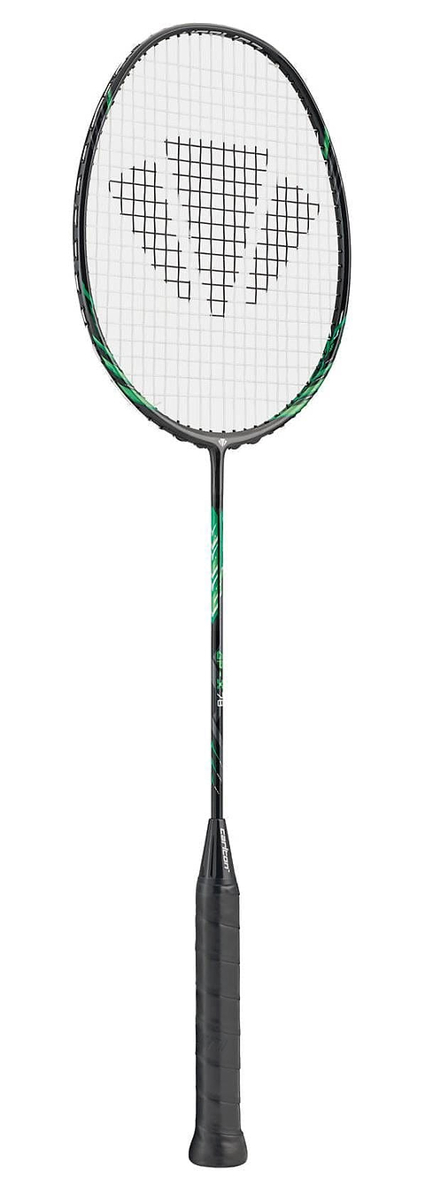 The Carlton GP-X 78 5U Badminton Racket by Carlton, in black and green with a black grip and geometric logo on the white stringed head, made from Japanese High Modulus Graphite, is displayed against a plain white background.