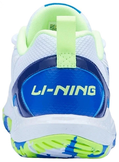 A close-up rear view of Li-Ning Blast JF-01 Lite Unisex Badminton Shoes in white, blue, and green shows "LI-NING" in yellow on the blue heel and a non-marking outsole with stylish blue and green accents.