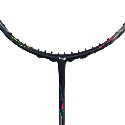 Close-up of the Li-Ning Halbertec 9000 Power Badminton Racket in Black/Silver, focusing on the top of the shaft and lower half of the head with multicolored accents against a white background.