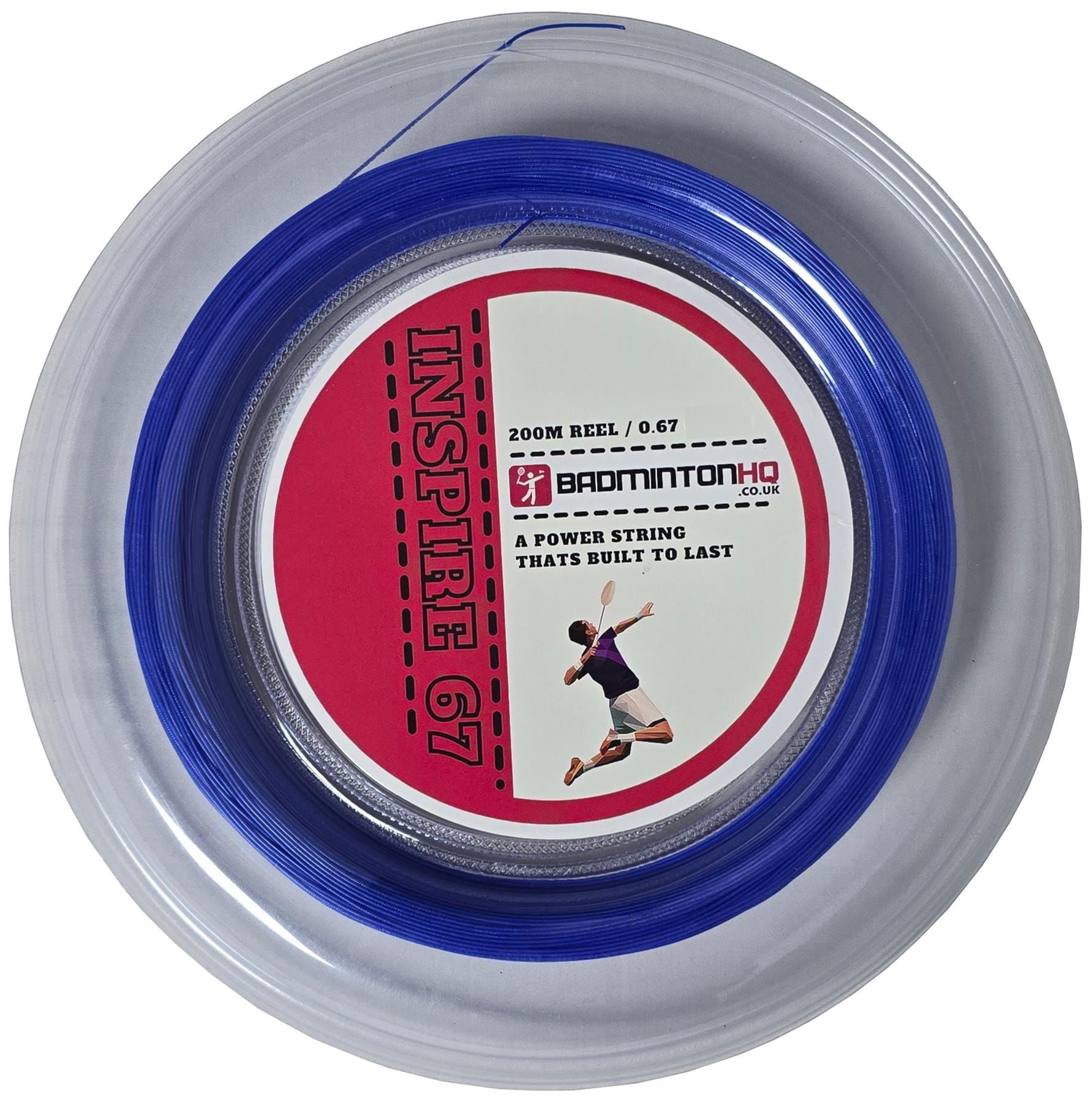 Introducing the BadmintonHQ Inspire 67 Zoom Badminton String: a dark blue, 0.67mm nylon multifilament string on a 200m reel, featuring a red and white label with a badminton player. Labeled as "INSPIRE 67," it promises "A POWER STRING THAT'S BUILT TO LAST.