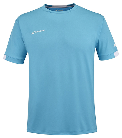 Cyan blue Babolat Play Men's Crew Neck Badminton T-Shirt showcasing white logos on the chest and sleeves. Designed with Fiber Dry technology, this shirt provides a straightforward, athletic look with short sleeves and a round neck, ideal for any game.