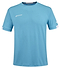 Cyan blue Babolat Play Men's Crew Neck Badminton T-Shirt showcasing white logos on the chest and sleeves. Designed with Fiber Dry technology, this shirt provides a straightforward, athletic look with short sleeves and a round neck, ideal for any game.