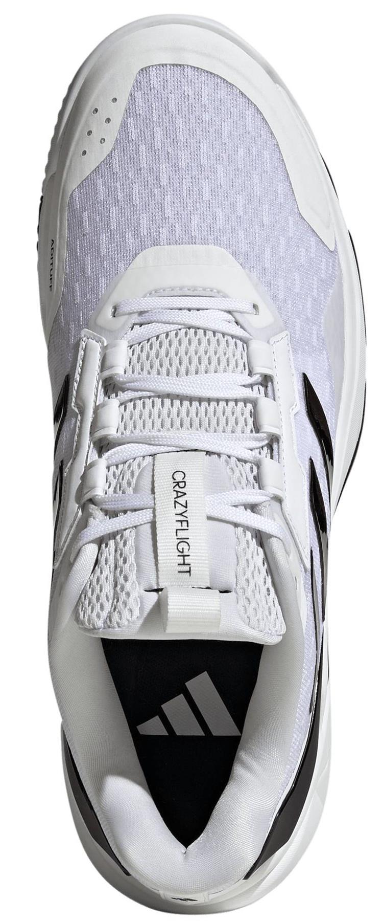 Top view of the white adidas Crazyflight 6 Men’s Indoor Badminton Shoes with black accents, mesh panels, and white laces. Tongue shows "CRAZYLIGHT" and insole features adidas logo—perfect for indoor badminton matches.