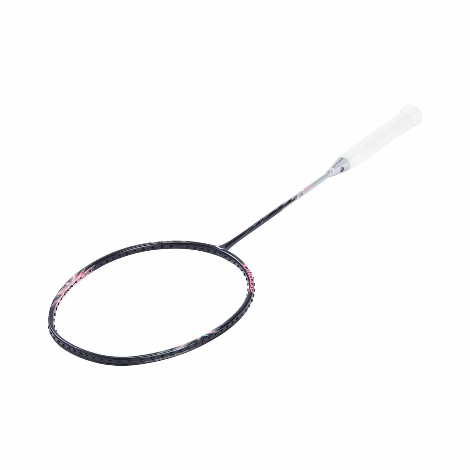 The Li-Ning Axforce Big Bang 5U Badminton Racket, produced by Li-Ning, boasts a sleek black frame complemented with subtle silver accents and a white grip. Ideal for intermediate to advanced players, it features an angled, oval-shaped head and string area, presenting a design that is both simple and sleek.