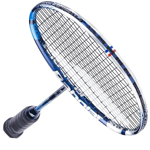 The Babolat Satelite Origin Badminton Racket - Blue, from the renowned brand Babolat, features a stylish blue and white design and a black grip handle. Its tightly woven strings and aerodynamic frame are engineered to deliver precision and ease of handling for players.