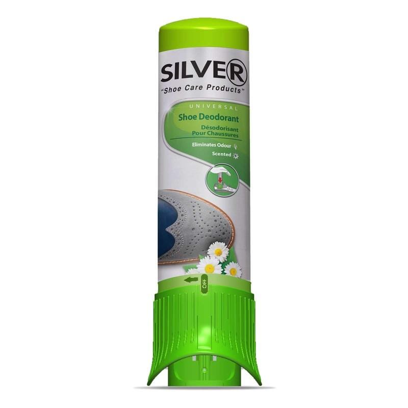 A can of Shoestring's Silver Shoe Fresh Shoe Deodorant Spray, featuring a green and white design with daisies and a shoe illustration, is specially formulated with a fresh scent to eliminate odors and keep your shoes smelling fresh.