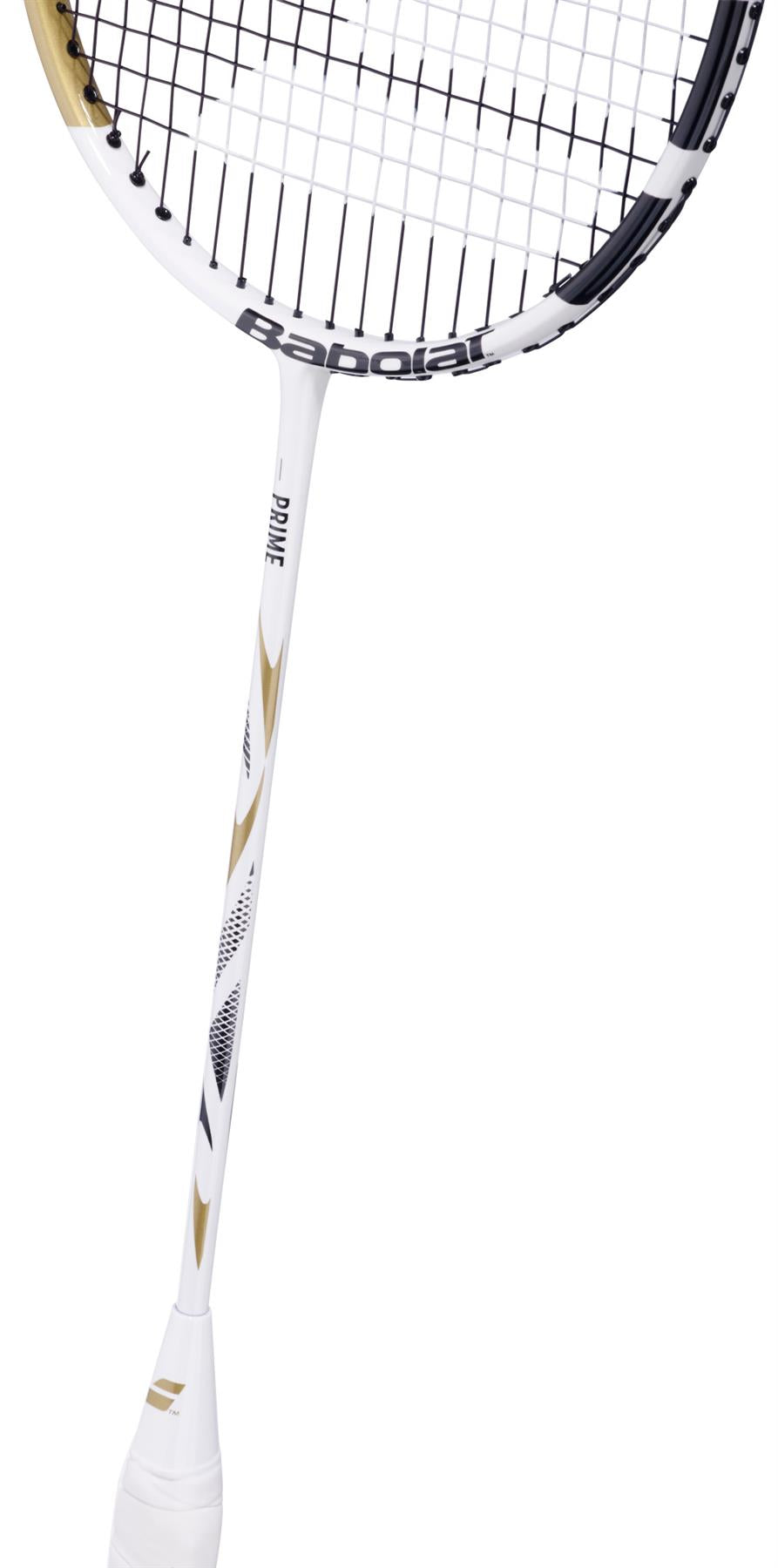The Babolat Prime 2026 Badminton Racket in white and gold, featuring a sleek design, is shown with only its upper handle and head visible against a white background.