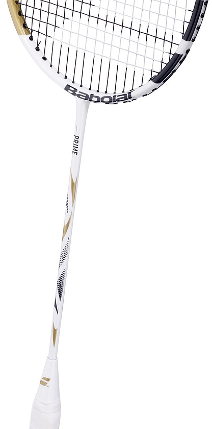 The Babolat Prime 2026 Badminton Racket in white and gold, featuring a sleek design, is shown with only its upper handle and head visible against a white background.