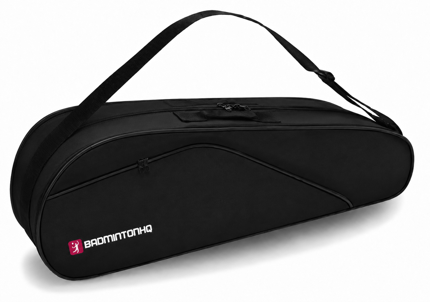 The BadmintonHQ 6 Racket Badminton Bag - Black features a shoulder strap, zippered compartments, and a white and pink “BADMINTONHQ” logo. It holds up to 6 rackets for easy storage and transport.