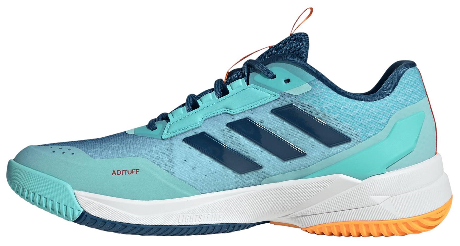 The adidas Crazyflight 6 Men’s Indoor Badminton Shoes in navy feature dark blue accents, three navy stripes, a white midsole, and an orange outsole at the heel—ideal for badminton or other fast-paced indoor sports.