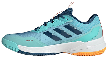 The adidas Crazyflight 6 Men’s Indoor Badminton Shoes in navy feature dark blue accents, three navy stripes, a white midsole, and an orange outsole at the heel—ideal for badminton or other fast-paced indoor sports.